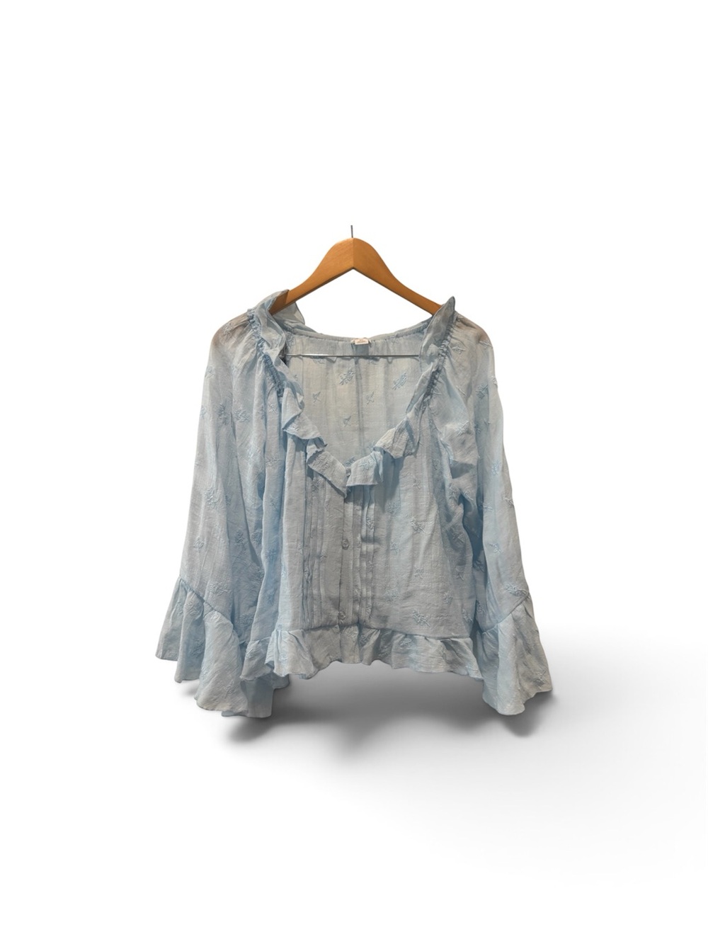 Light Blue Ruffle-Trim Women's Blouse